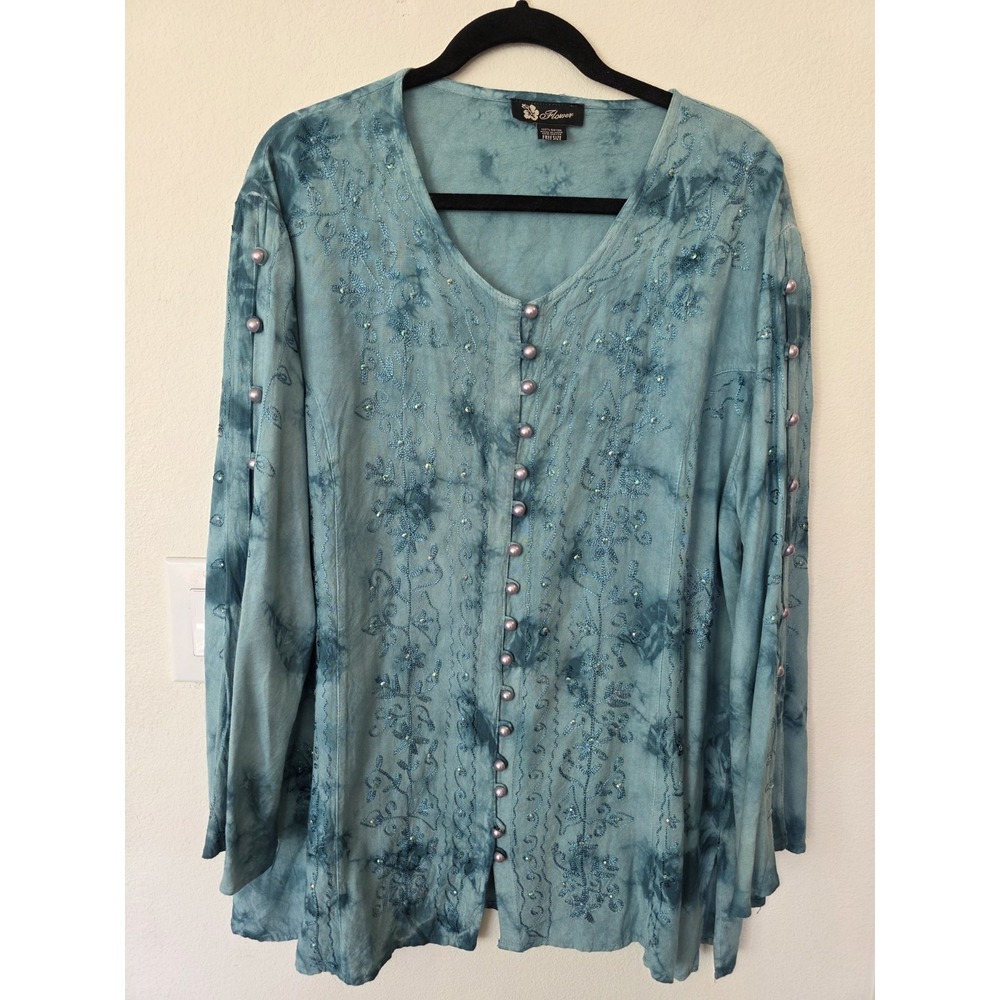 VTG Boho TieDye Whimsigoth Blouse Teal Blue Grey Pearl Buttons Sequin Embroidery
